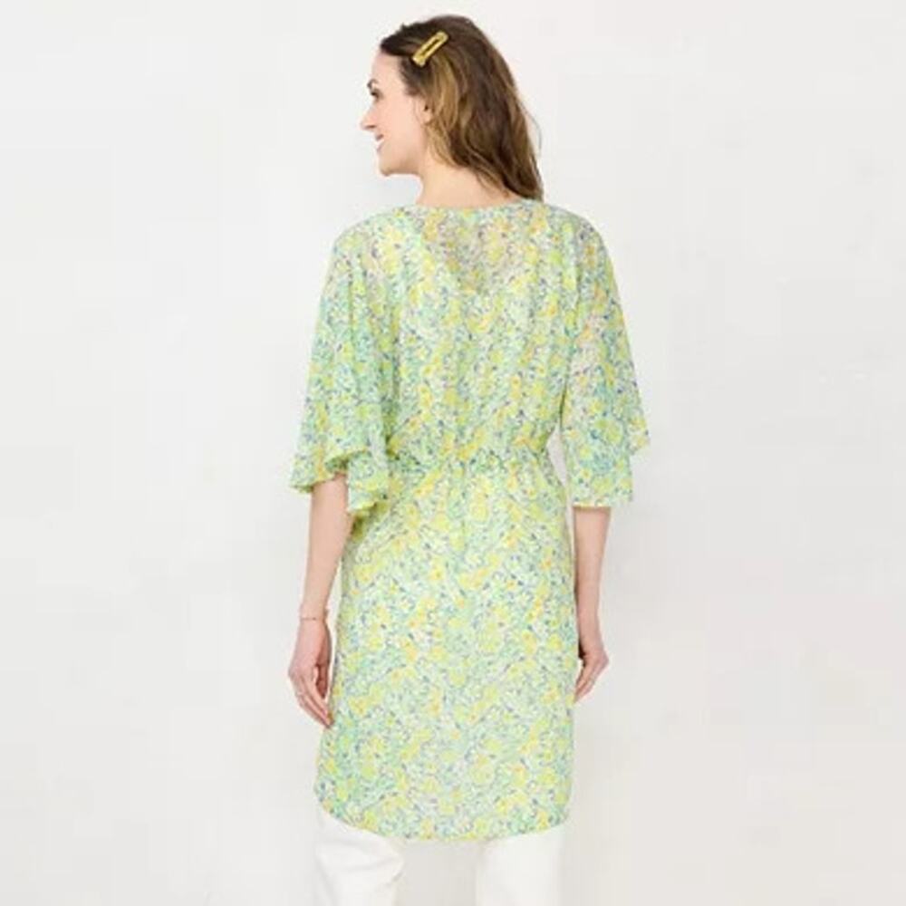NWT LC Lauren Conrad Yellow Floral Gardenia Tapered Tie Front Kimono Women OS